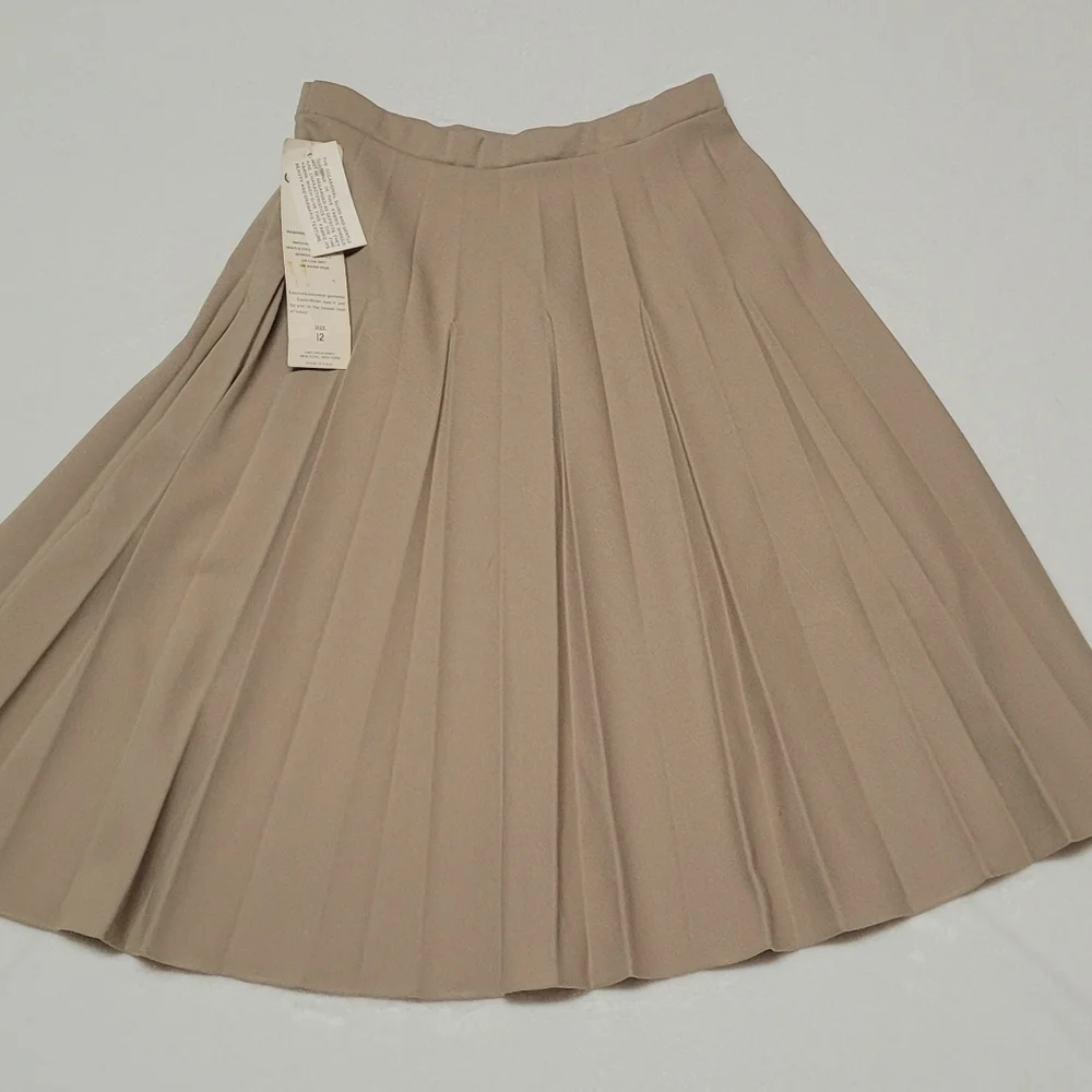 Deadstock Vintage 70s Caper-mates Stretchy Khaki Top-stitch Pleat Midi Skirt 12
